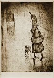 Lady with Poodle on Rainy Street (Carriage on the Left)